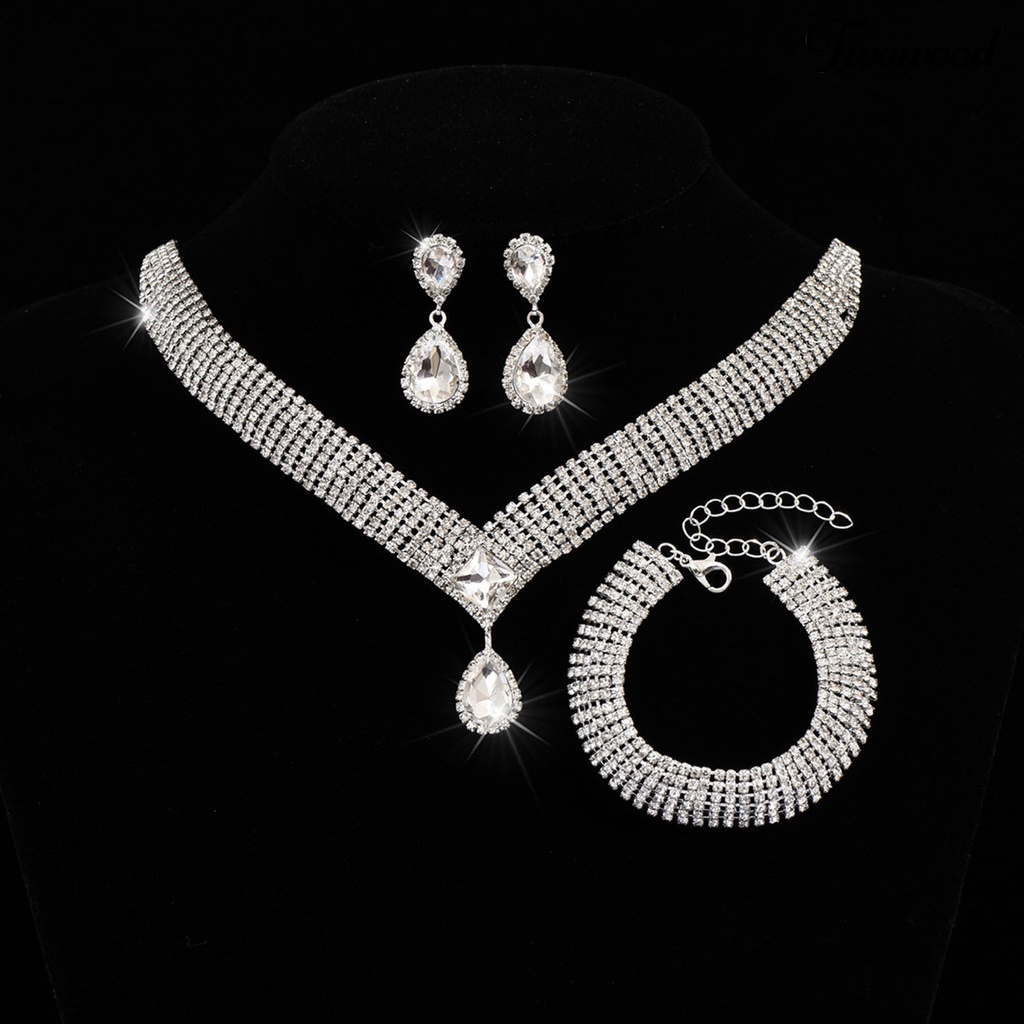 Twowood 4Pcs/Set Wanita Kalung Set High Gloss Dress Up Hypoallergenic Berlian Imitasi Bersinar Terang Kilau Set Perhiasan Aksesori