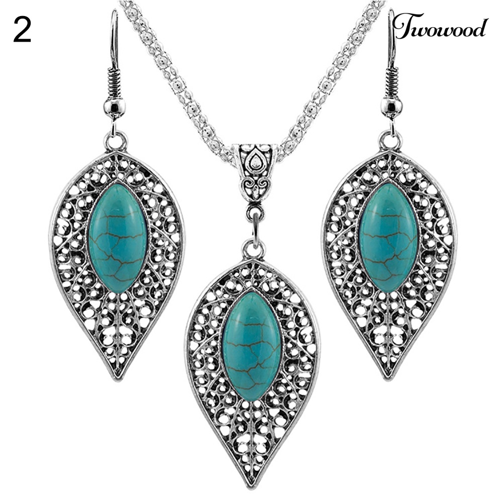 Twowood 3Pcs/Set Vintage Wanita Faux Turquoise Turtle Drop Leaf Pendant Earrings Perhiasan
