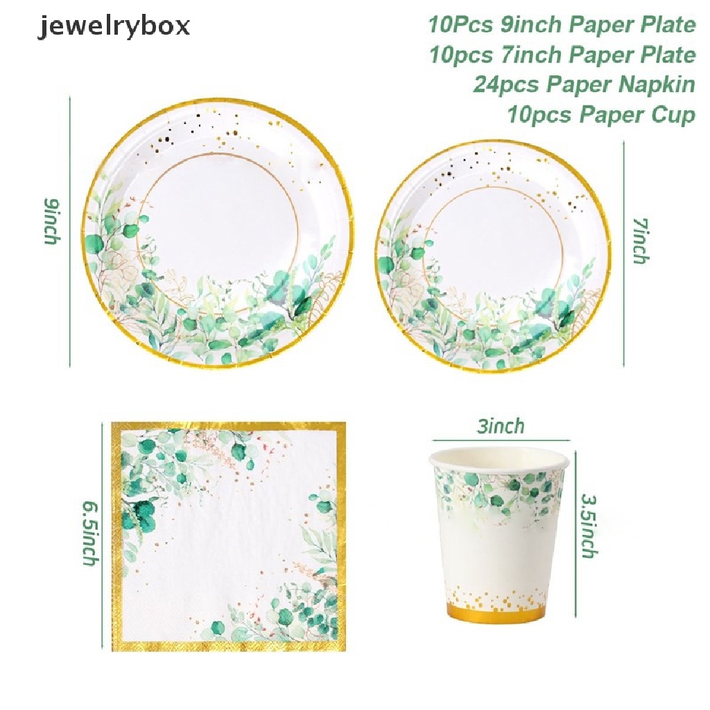 [jewelrybox] 10/24pcs Bronzing Green Leaves Piring Kertas Cangkir Serbet Peralatan Makan Sekali Pakai Butik