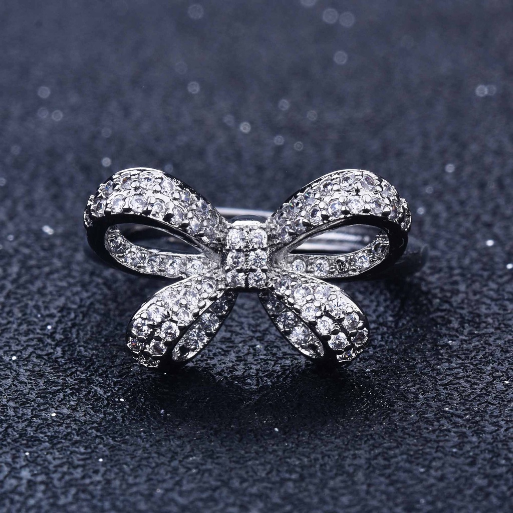 Goldkingdom Aksesoris Perhiasan Fashion Ready Stock Desain Kecil Cincin Berlian Mikro Super Abadi Stereo Busur Cincin Wanita Penuh Berlian Cincin Yang Dapat Disesuaikan