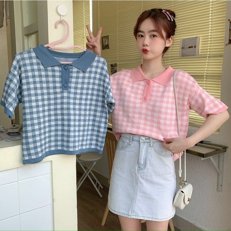 TOPGROSI TG1689 Atasan Knit Kotak Kotak Berkerah Import Crop Top Wanita Lengan Pendek Rajut Nyaman