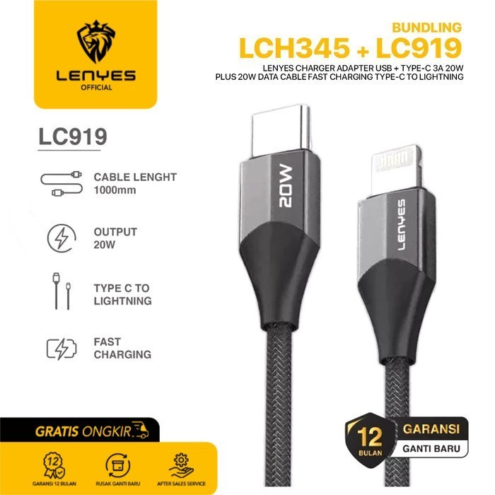 Lenyes LCH344 + LC919 Charger Handphone + Data Cable Paket Bundle original kabel cable casan travel charger tc android usb charger micro usb type c batok kepala charger