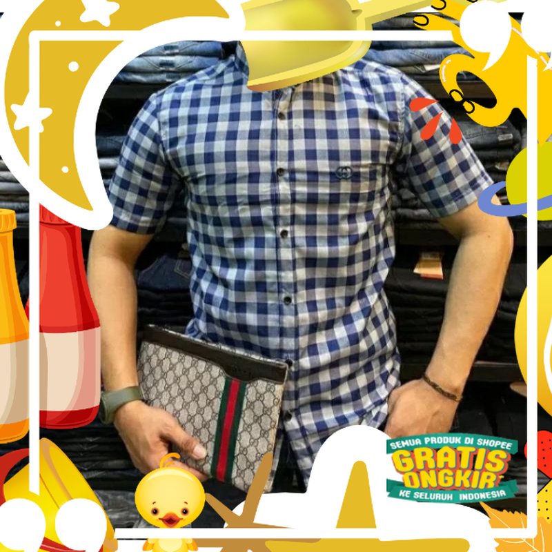kemeja lengan pendek pria Gucci original//kemeja kasual pria//kemeja distro//kemeja pria kotak kotak