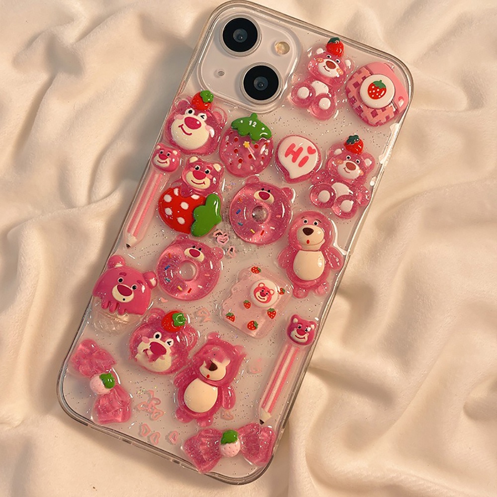 IPHONE Lucu Permen Jelly Warna 3D Strawberry Bear Phone Case Untuk Iphone14 13 12 11 Pro Max Cases Lembut Glitter Transparan Cover