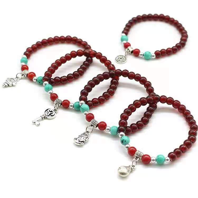 Retro Garnet Gelang Mensimulasikan Burgundy Bead Bracelet Fashion Unisex Pasangan Pixiu Pendant Bracelet