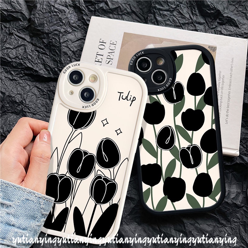 Casing Bunga Tulip Hitam Simple Realme C53 C55 10 Pro Plus C30 C17 C2 C3 C25Y C12 C11 C31 C20 C35 C15 C21Y C25s 6s 6i 6 5 8Pro C20A 9i 8 5i 8i 7i C21 GT C17 Couple Cover