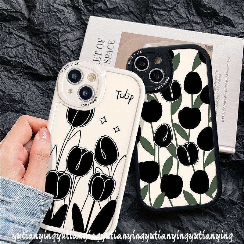 Casing Bunga Tulip Hitam Simple Realme C53 C55 10 Pro Plus C30 C17 C2 C3 C25Y C12 C11 C31 C20 C35 C15 C21Y C25s 6s 6i 6 5 8Pro C20A 9i 8 5i 8i 7i C21 GT C17 Couple Cover