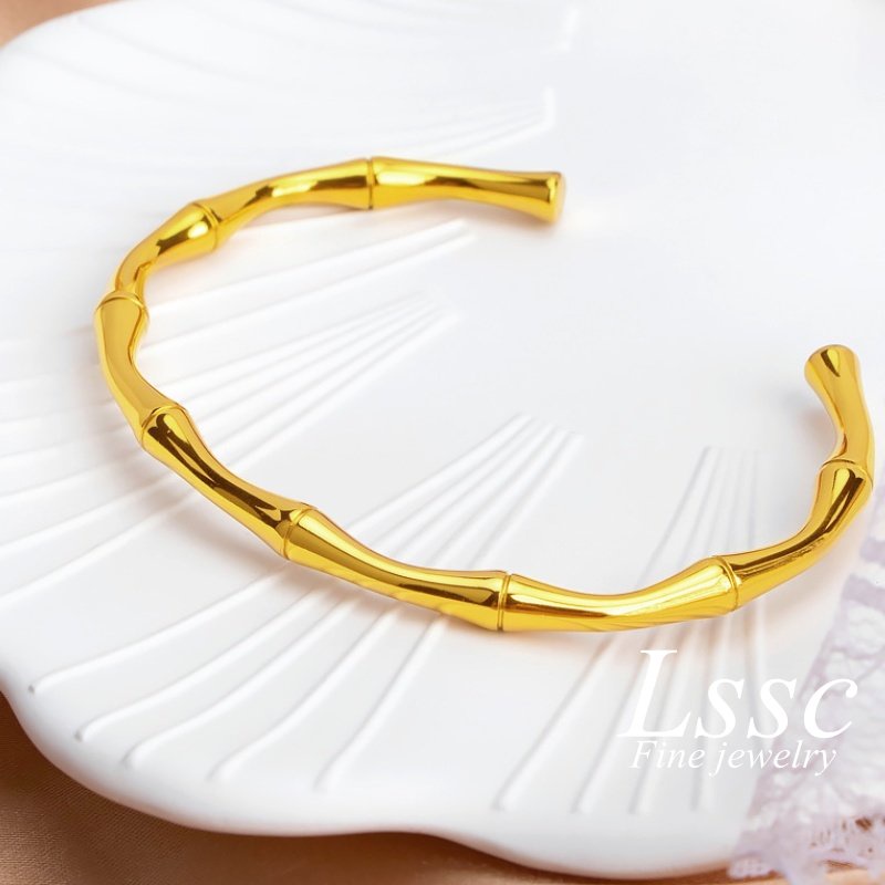 Gelang Titanium Wanita Anti Karat Bambu Keberuntungan Emas 18K Elegan Cantik Aksesoris Perhiasan Fashion Korea