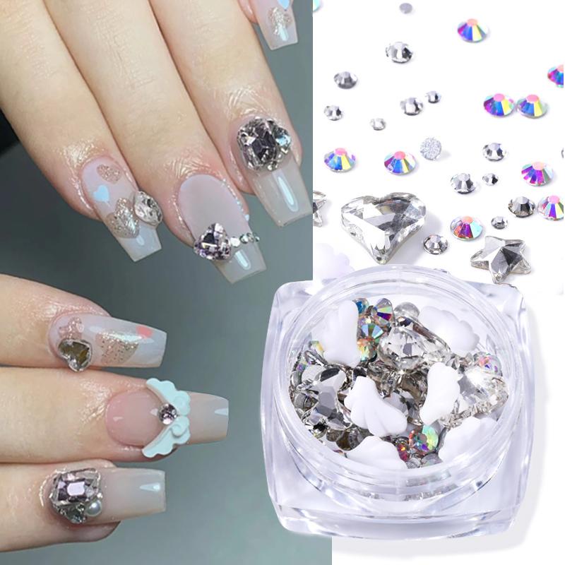 3d Kuku Berlian Imitasi Merah Muda Hati Bintang Bagian Kuku Seni Dekorasi Resin Pesona Kuku Flatback Permata Logam Studs Aksesoris Manicure