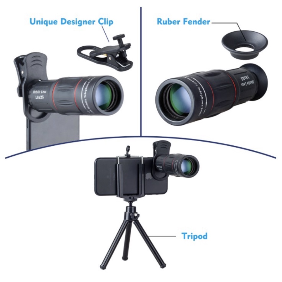 Lensa Zoom HP Lens Kamera Tele Zoom HP 18X ZOOM LENSA Universal 18X25 Handphone Bermata HD Ponsel Lensa Camera HP Ponsel Lensa Zoom Optik Dengan Tripod untuk Ponsel