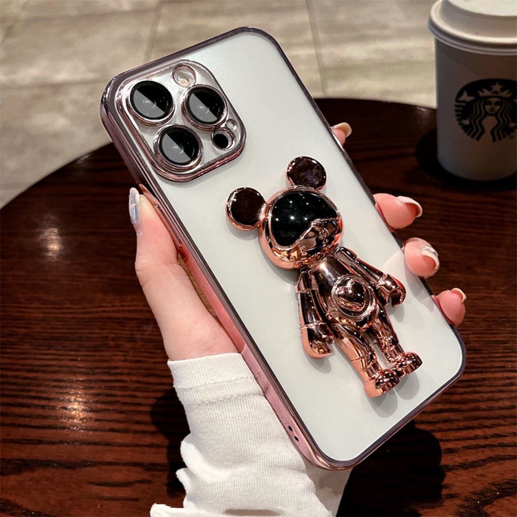 Casing Lensa Pelindung Kamera Mewah iPhone 14 Pro Max Dengan stand Case13 12 Pro Max14 Plus 11 Pro MAX3D Kartun Mickey Transparan TPU Perlindungan shock soft case