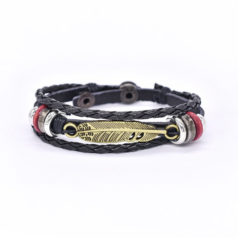 [Z H Perhiasan] Vintage Bulu Manik-Manik Gelang Kulit Fashion Pria Dan Wanita Stainless Steel Multilayer Gelang Punk Pesta Rock Perhiasan Aksesoris