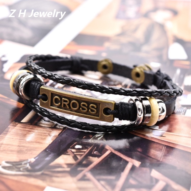 [Z H Perhiasan] Vintage Cross Manik-Manik Gelang Kulit Pria Dan Wanita Fashion Stainless Steel Multilayer Gelang Punk Pesta Rock Perhiasan Aksesoris