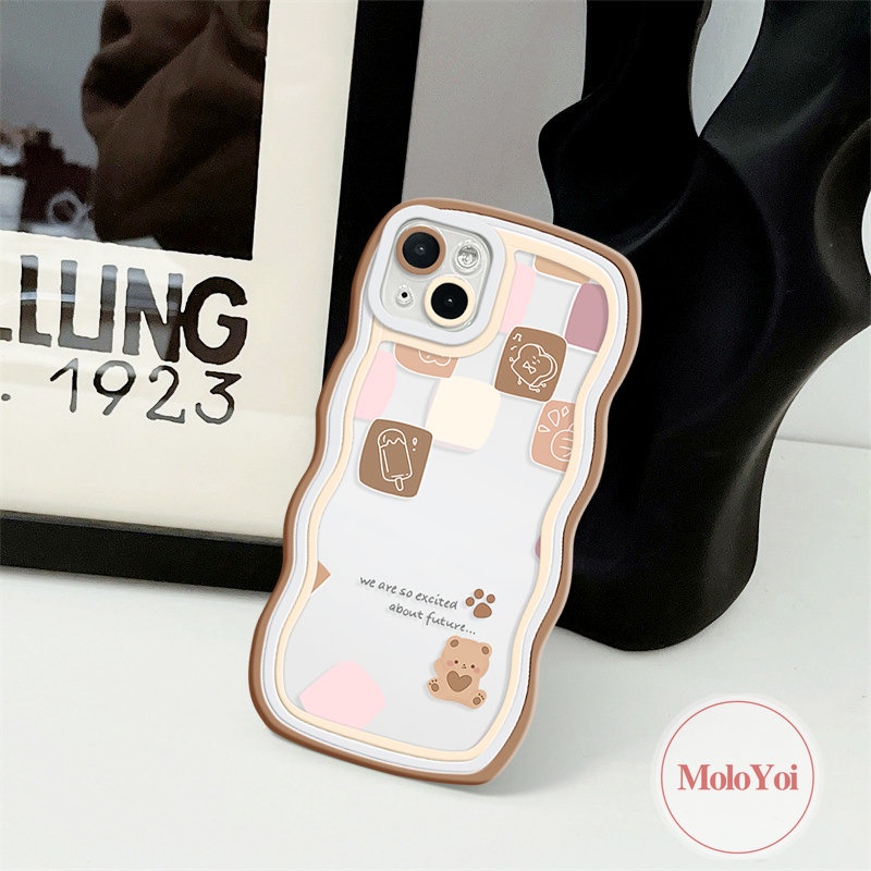 IPHONE Casing Ponsel Kompatibel Untuk Iphone11 6s 7 8 6 14 Plus 13 14 12 Pro MaxX 7Plus XR XS Max SE 2020 Lucu Kartun Beruang Pasangan Wavy Edge Soft Tpu Plaid Ice Cream Cover