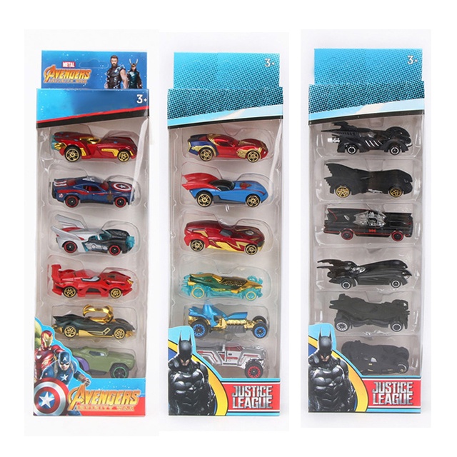 6pcs/box1: 64roda Superhero Mobil Alloy Metal Marvel Avengers DC Spiderman Ironman Loki Batman Model