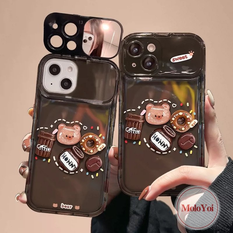 Boneka 3D Lucu Kopi Susu Teh Beruang Case Kompatibel Untuk IPhone 7Plus XR 11 14 13 12 Pro Max7 8 14 Plus X XS MAX SE 2020 Kreatif Flip Make Up Cermin Shockproof Lembut TPU Phone Cover