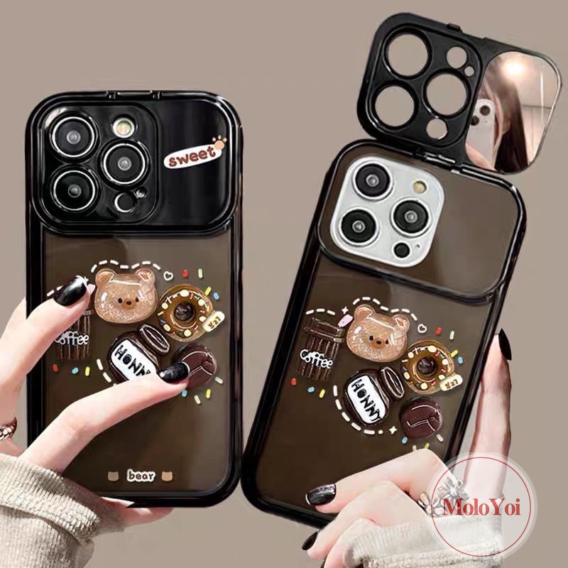 Boneka 3D Lucu Kopi Susu Teh Beruang Case Kompatibel Untuk IPhone 7Plus XR 11 14 13 12 Pro Max7 8 14 Plus X XS MAX SE 2020 Kreatif Flip Make Up Cermin Shockproof Lembut TPU Phone Cover