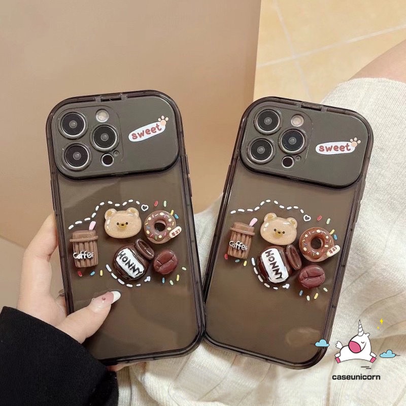 IPHONE Casing Flip Make Up Mirror Creative Case Kompatibel Untuk Iphone7 8 14 Plus 11 12 13 14 Pro MAX XR X XS MAX SE Kartun Lucu Mainan 3D Beruang Kopi Donat Shockproof Soft Cover
