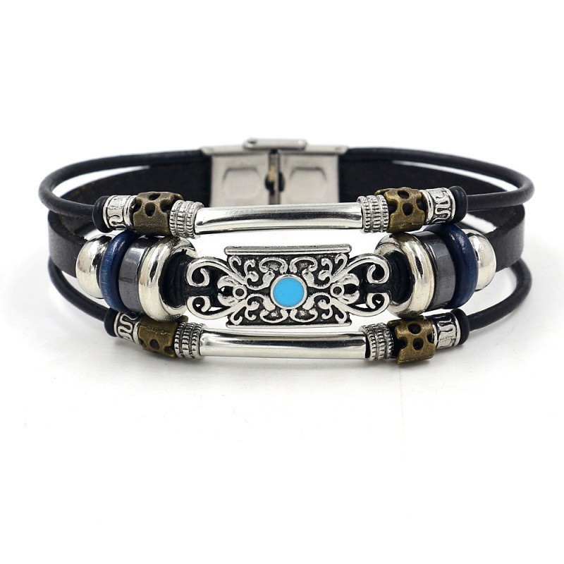 [Z H Perhiasan] Vintage Rock Turquoise Gemstone Gelang Kulit Pria Dan Wanita Fashion Pasangan Stainless Steel Multilayer Manik-Manik PU Gelang Punk Pesta Perhiasan Aksesoris