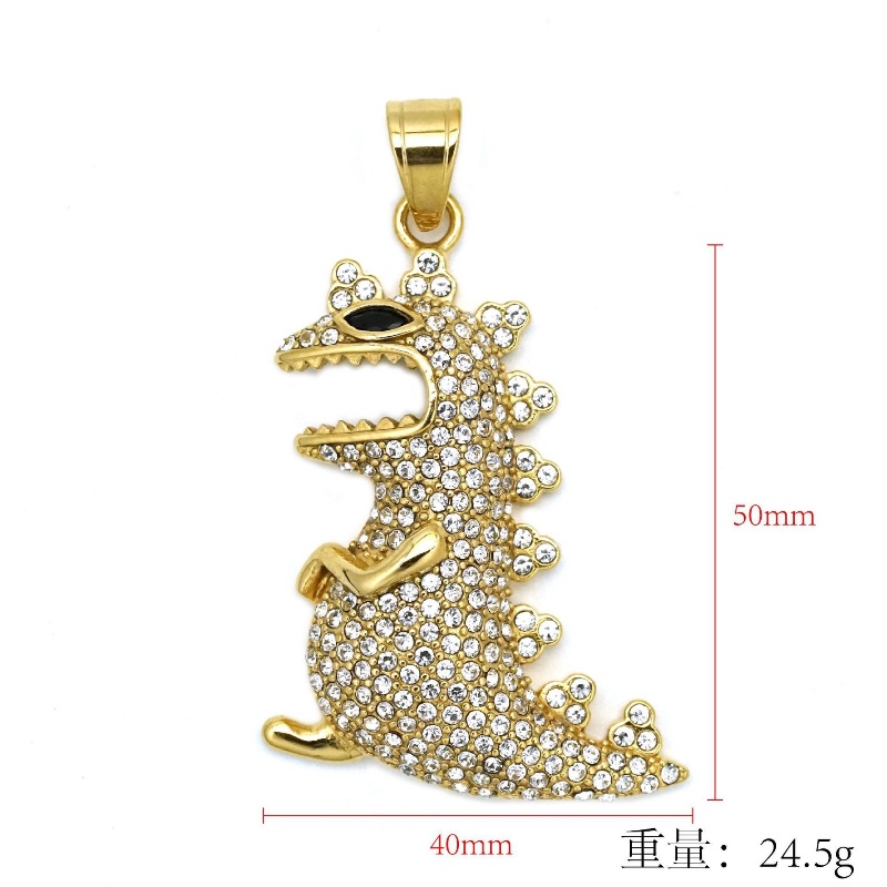 [Z H Perhiasan] Retro 18K Emas Disepuh Berlian Dinosaurus Liontin Fashion Pria Anti Karat Kalung Liontin Hip Hop Pesta Baja Titanium Perhiasan Aksesoris Grosir