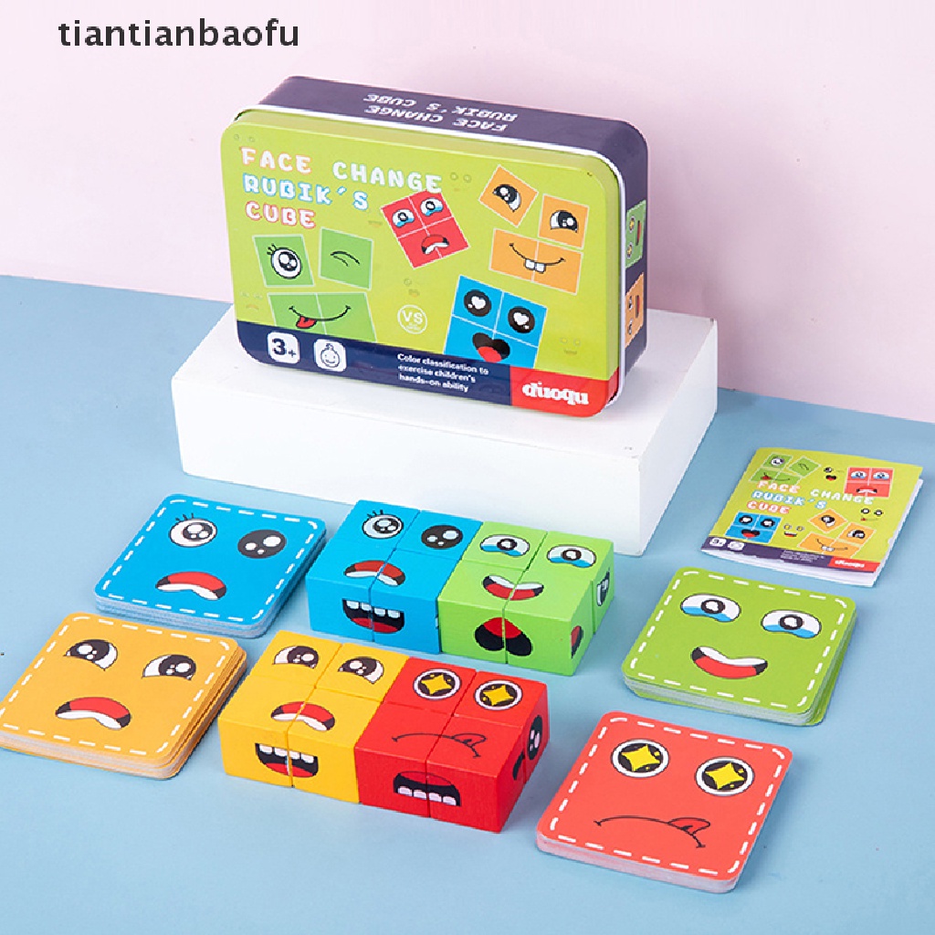 [tiantianbaofu] Mainan Edukasi Perubahan Emosi Blok Ekspresi Puzzle Edukasi Belajar Dini Montessori Mainan Anak Kayu Cube Table Games Butik