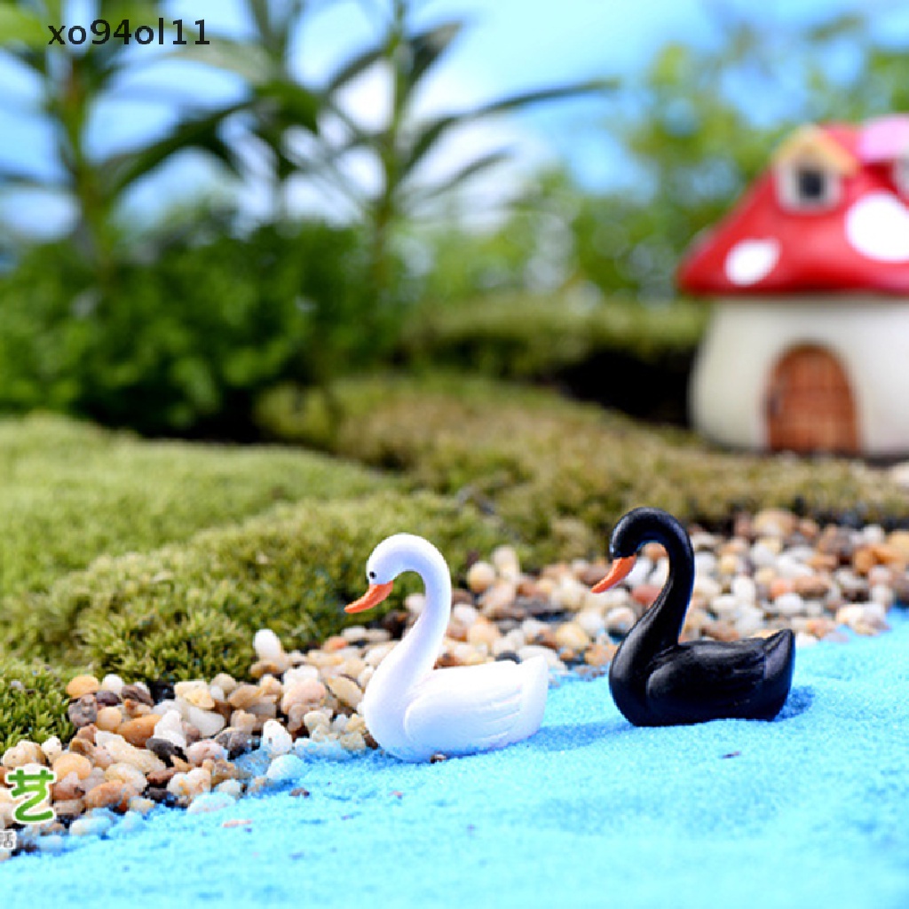Xo Putih/Hitam Mini Swan Ornamen Taman Miniatur Patung Tanaman Pot Peri Dekorasi Taman OL