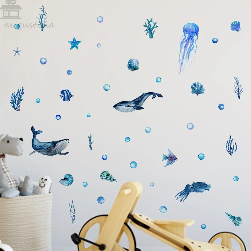 Agustinina Luminous Stiker Self-adhesive Removable PVC Art Mural Biru Ubur-Ubur Glow-in-the-dark Dekorasi Stiker Pemandangan Bawah Laut Latar Belakang Dinding Lampu Malam Decal