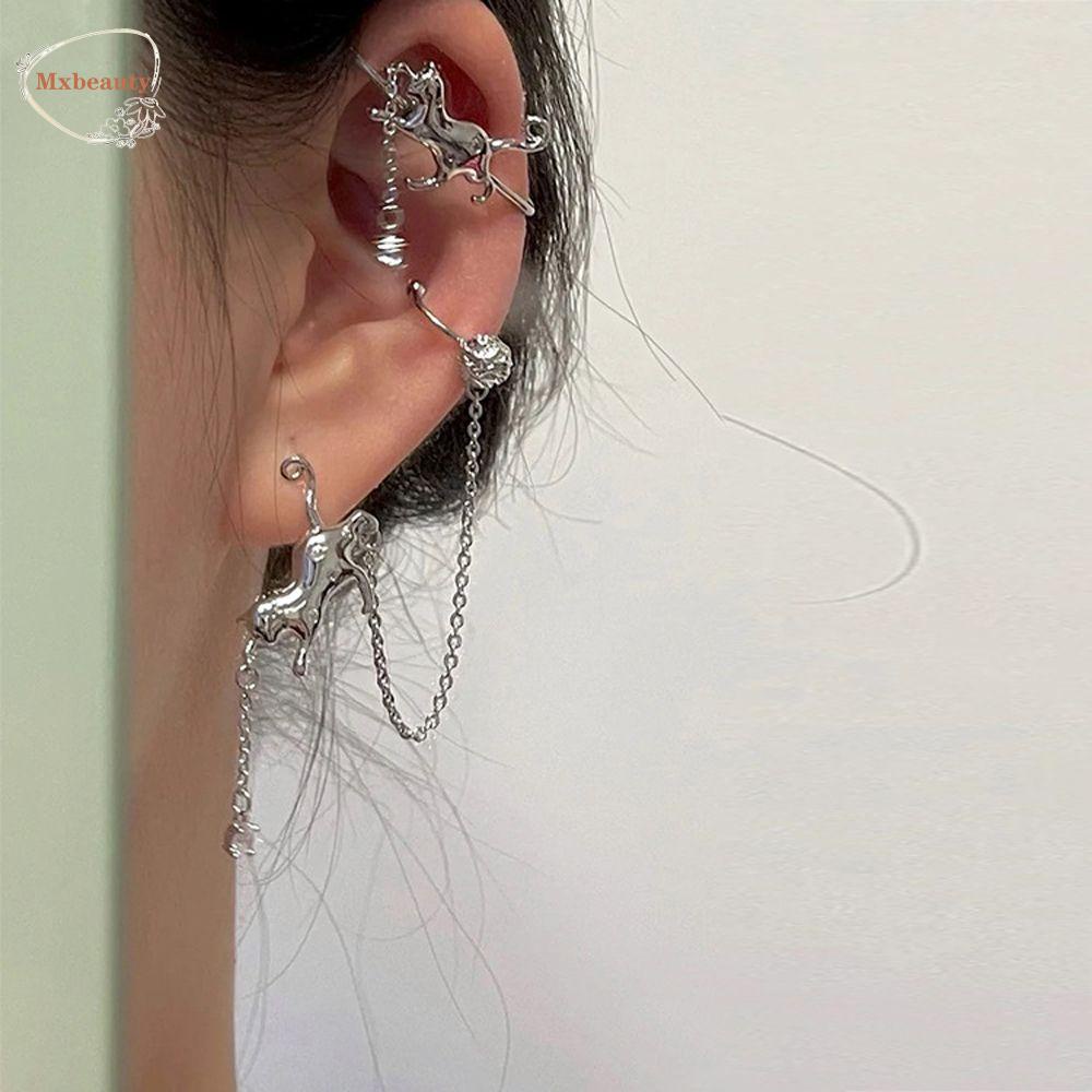 Mxbeauty Wanita Anting Minoritas Warna Solid Y2K Pesta Dengan Rantai Temperamen Alloy Klip Tulang Telinga