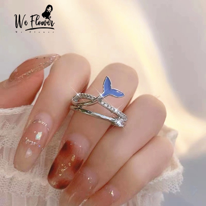 Kami Bunga Korea s925 Perak Berkilau Zirkon Memutar Biru Fishtail Cincin Untuk Wanita Perempuan Elegan Romantis Spiral Jari Rings Perhiasan Hadiah