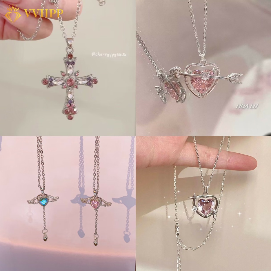 Elegan Y2K Perak Kristal Kupu-Kupu Kalung Fashion Merah Muda Hati Choker Liontin Kalung Untuk Wanita Perhiasan Aksesoris