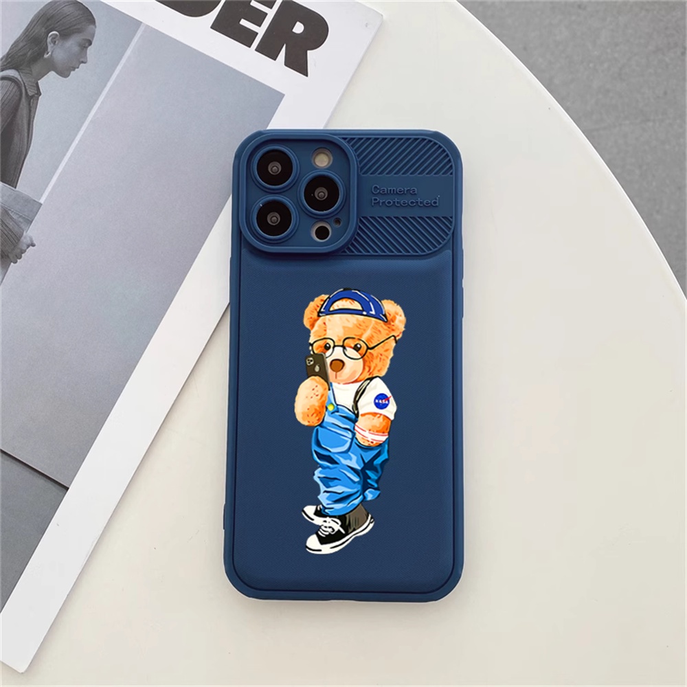 Case Serat Karbon Realme C55 C35 C33 C31 C21Y C25Y RealmeC25 C15 C12 C3 C2 Realme 5 5i 6i 9i A76 A36 C3 Teddy Bear Cross Grain Phone Cover