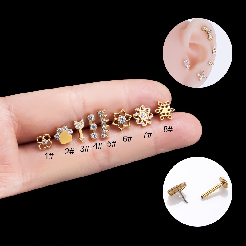 1biji Memungkinkan Bentuk Penyisipan Jenis Tulang Rawan Tragus Anting-Anting Bibir Labret Kepala Datar Stud Bedah G23 Baja Titanium Hypoallergenic