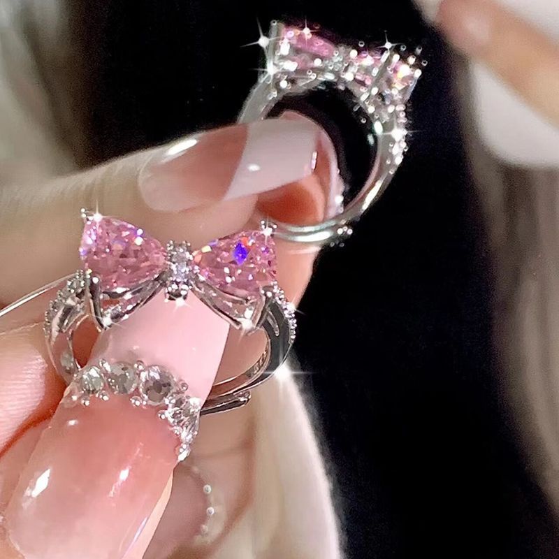 Putri Waltz Perancis Romantis Merah Muda Berlian Busur Cincin Lady Instagram Manis Niche Cinta Hadiah Ulang Tahun