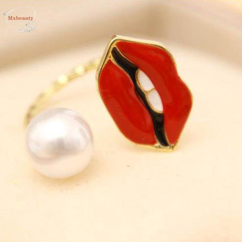 Mxbeauty Cincin Knuckle Adjustable Desain Gigi Bibir Merah Hias Mutiara Untuk Wanita