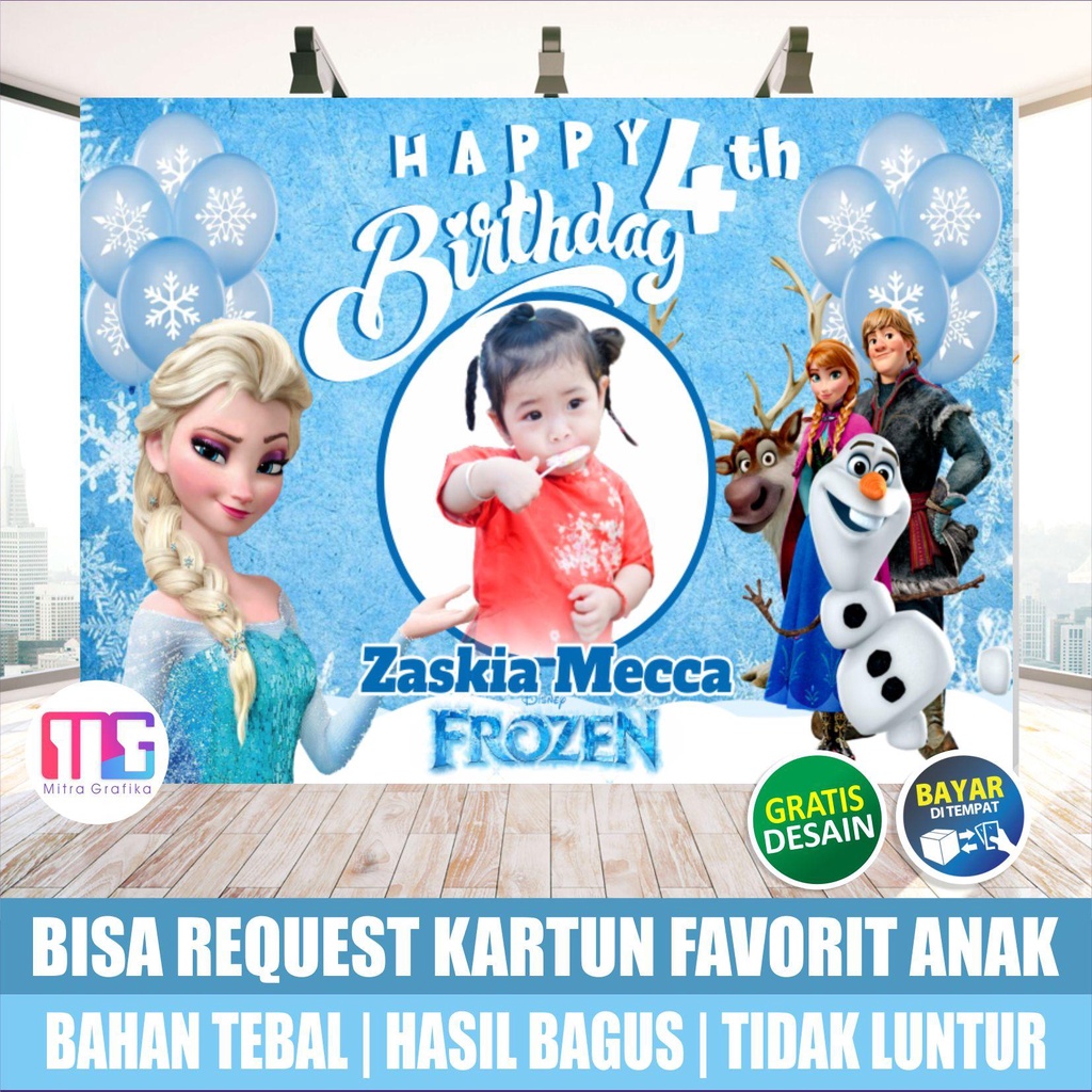 Cetak Spanduk ultah anak tema frozen  / banner ulang tahun anak perempuan /backdrop perlengkapan ult