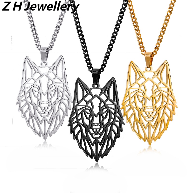 Z H Perhiasan Lapis Emas 18K 24K Gold S925 Perak Vintage Punk Serigala Kepala Liontin Pria Dan Wanita Fashion Anti Karat Kalung Hip Hop Baja Titanium Aksesoris Pesta