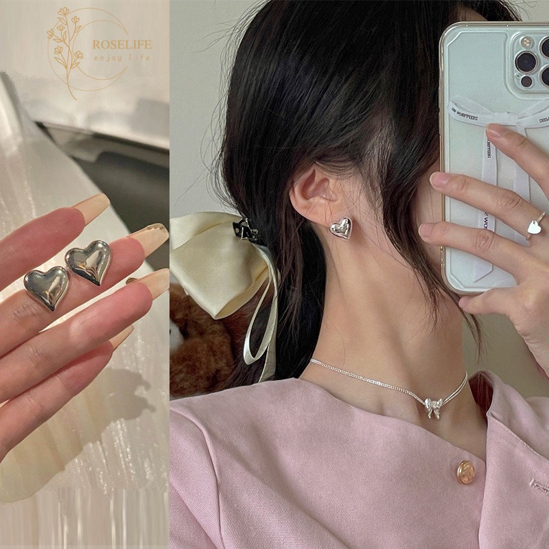 Roselife Elegan S925 Perak Shiny Heart Stud Earrings Untuk Wanita Gadis Halus Lucu Anting Cinta Korea Trendi Telinga Perhiasan Aksesoris