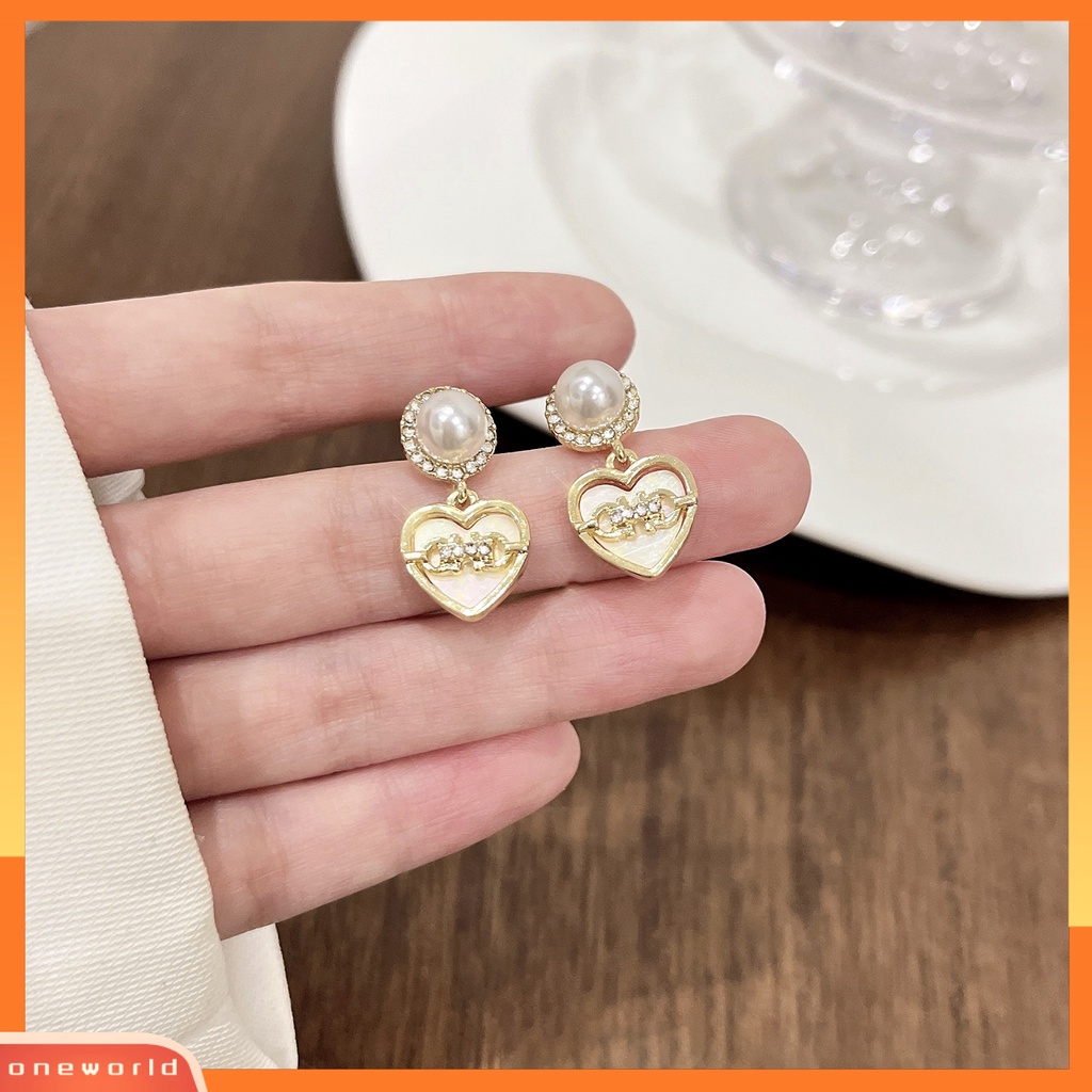 [EONE] 1pasang Ear Studs Love Heart Shiny Rhinestone Mewah Elegan Kecil High Gloss Mutiara Imitasi Wanita Anting Perhiasan Aksesoris