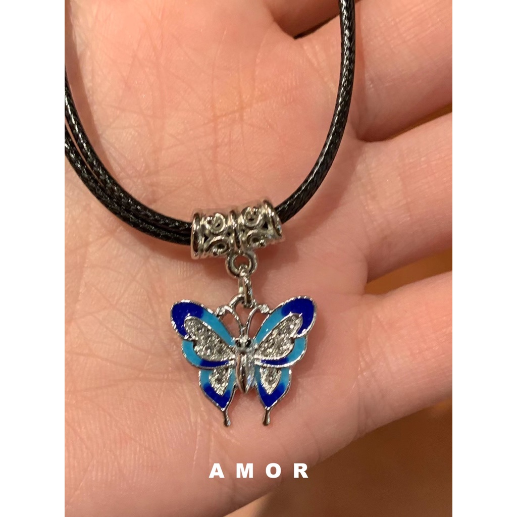 Y2k Vintage Butterfly Pendant choker Kalung Tali Kulit