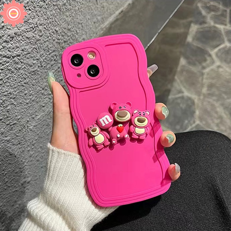 IPHONE 3d Boneka Kartun Strawberry Bear Bow Rose Red Case Kompatibel Untuk Iphone11Xr 7Plus 14 12 13 Pro Max7 8 14 Plus X XS MAX Mewah Shockproof Wavy Edge Back Cover