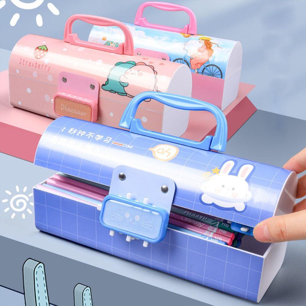 Agustina Pen Case Dengan Kunci Password Kawaii Kartun Perlengkapan Sekolah Double Layer Kapasitas Besar Gaya Korea Siswa Pensil Case