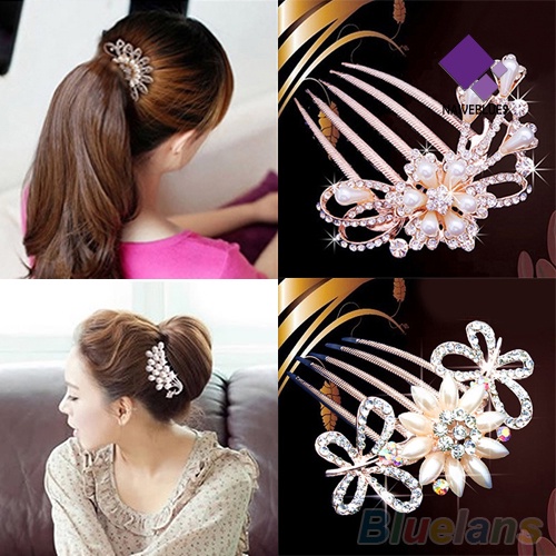 &lt; Naiveblues &gt; Pernikahan Pengantin Berlian Imitasi Mutiara Imitasi Jepit Rambut Bunga Hair Clip Comb