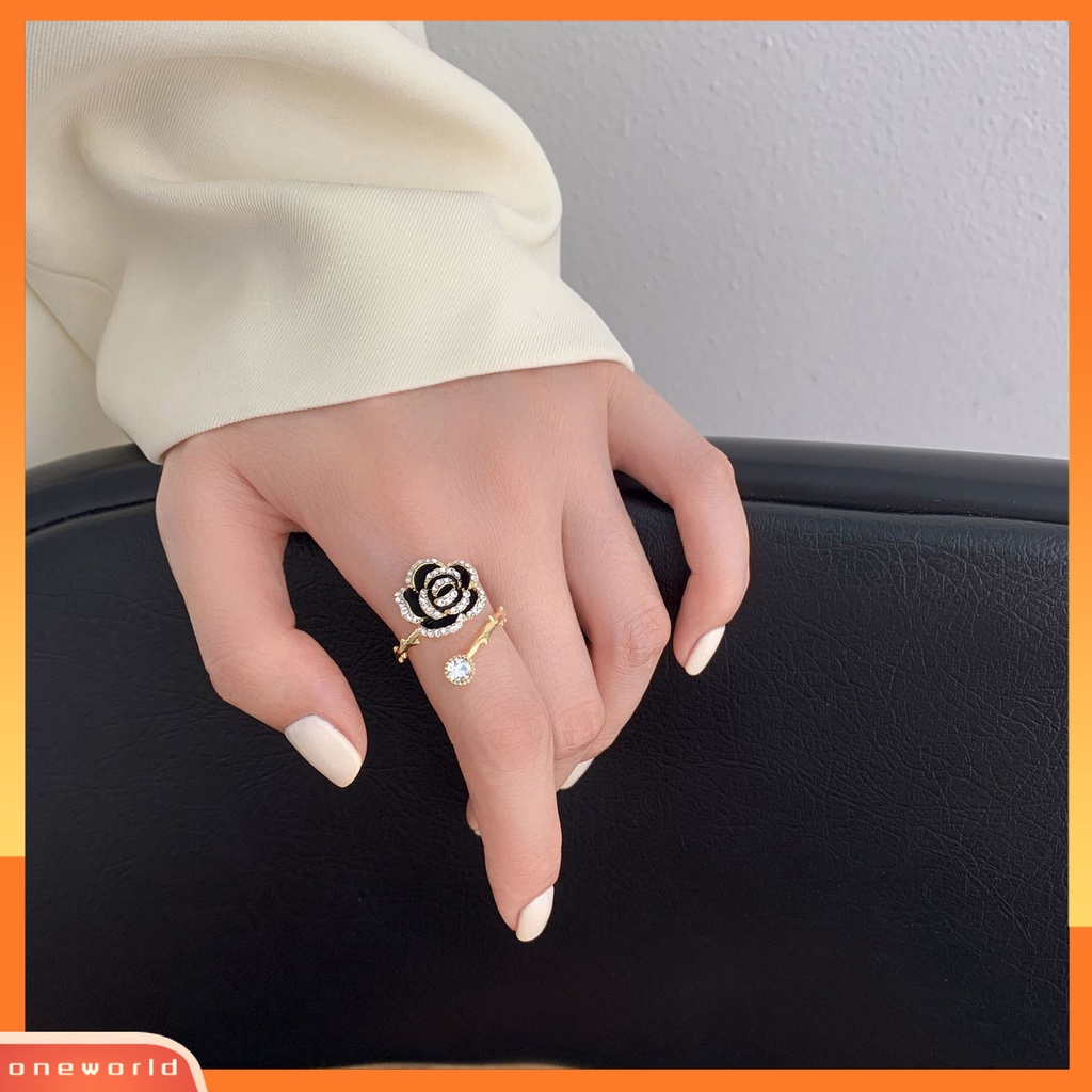 [EONE] Cincin Pengantin Gaya Vintage High-end Lengket Besar Bentuk Mawar Hitam Pembukaan Knuckle Ring Perhiasan Perempuan