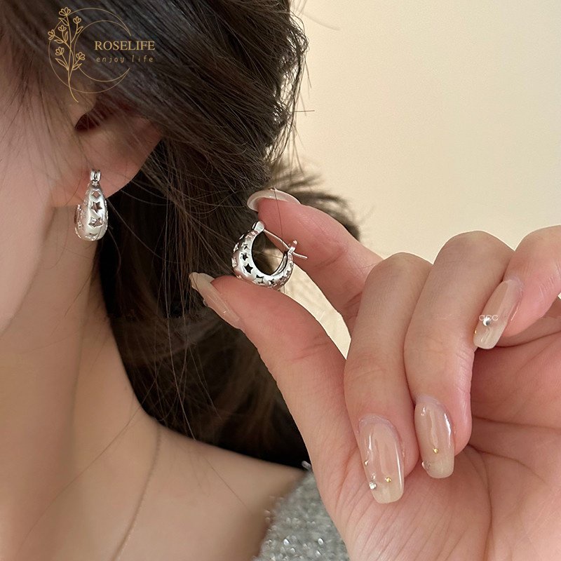 Roselife Halus s925 Perak Berongga Bintang Chunky Hoop Earrings Untuk Wanita Gadis Korea Langit Berbintang Anting Bulat Ins Trendi Telinga Perhiasan Aksesoris