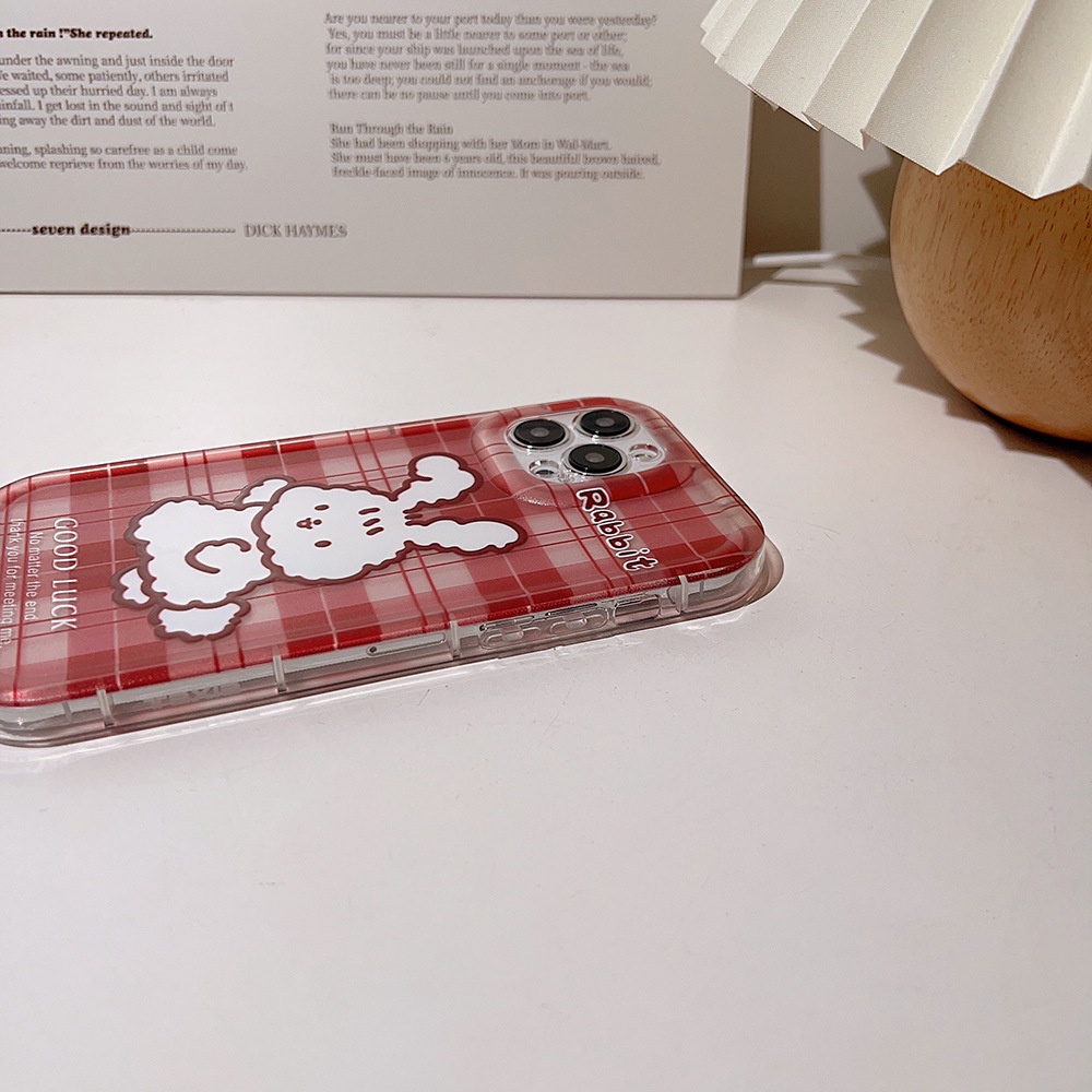 IPHONE Cover Casing Ponsel Transparan Motif Kotak-Kotak Kartun Kelinci Vintage Merah Untuk Iphone11 12 13 14 PLUS PRO MAX