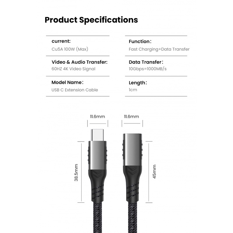 Kabel Ekstensi USB C Male to Female Tipe C USB3.2 Gen2 Kabel Extender Fitur Lengkap Untuk MacBook Pro Samsung S20