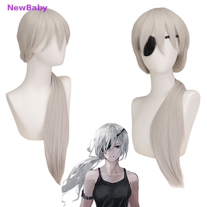 Newbaby Anime Rantai Man Quanxi Cosplay Perak Wig Panjang Mata Patch Tahan Panas ID