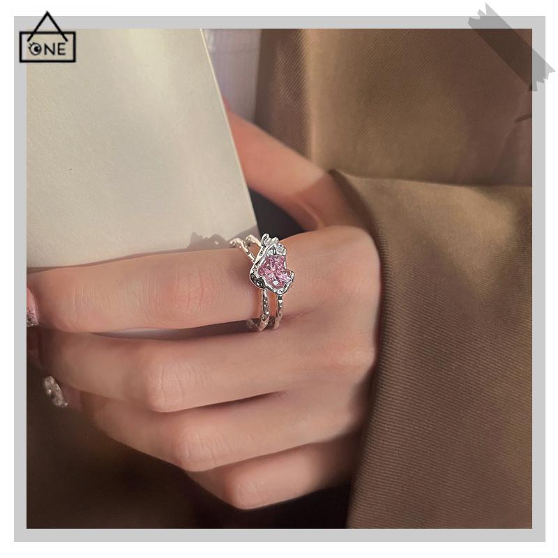 COD❤️Cincin Zirkonia Cinta Sejuk Manis Cincin ganda mode wanita Ukuran dapat disesuaikan-A.one