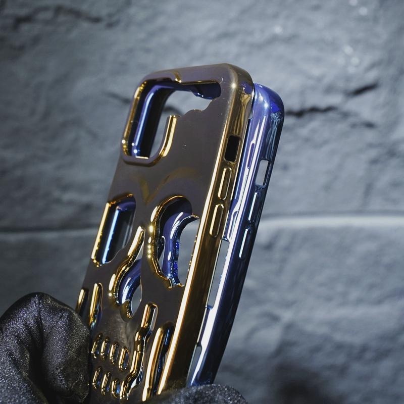 IPHONE Casing Ponsel Keren Berongga Tengkorak Logam Electroplated Cocok Untuk Iphone14 13 12 11 Pro Max 14Plus Skeleton Glossy Phone Case