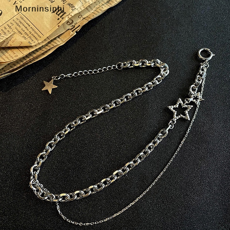 Mornin Shiny Star Layered Tassel Choker Necklace Y2k Perhiasan Untuk Wanita Fashion Pentagram Warna Perak Rantai Zirkon Pesona Necklaces id